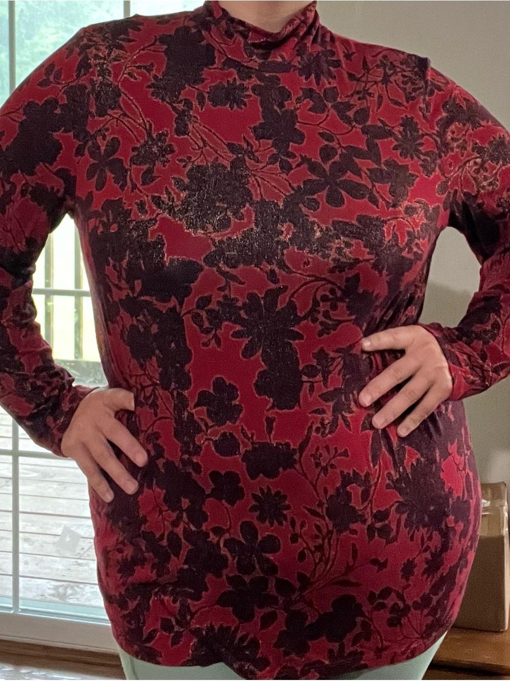 Chico's Red and Black Floral Mock Neck Long Sleeve Dress